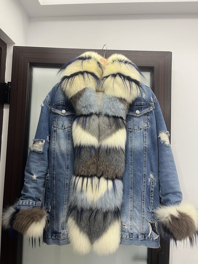 Geaca Dilvin Denim cu Blana Naturara de Vulpe- Detaşabilă