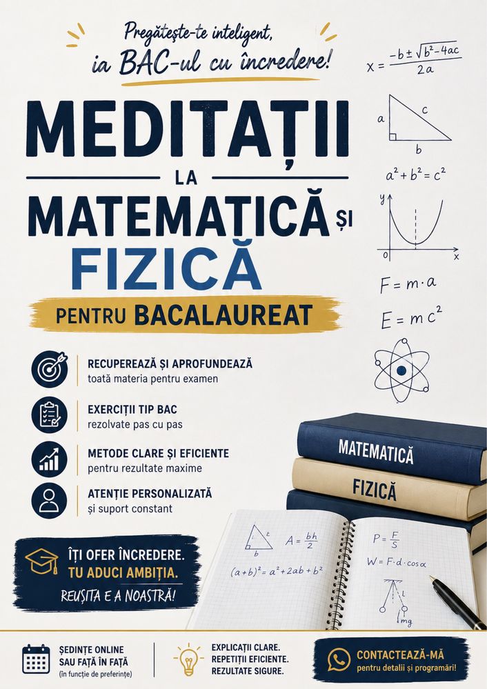 Ofer meditatii  pentru BACALAUREAT la MATEMATICA si FIZICA