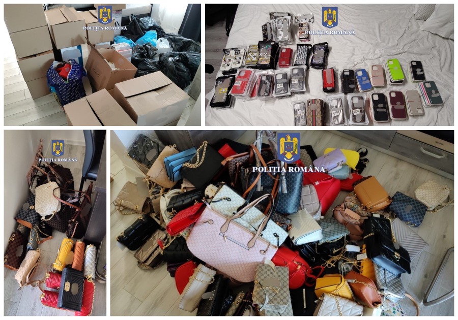 Percheziţii în Oradea şi Sântandrei: Peste 3.000 de poşete şi accesorii pentru telefoane mobile contrafăcute au fost confiscate de la doi tineri (FOTO)